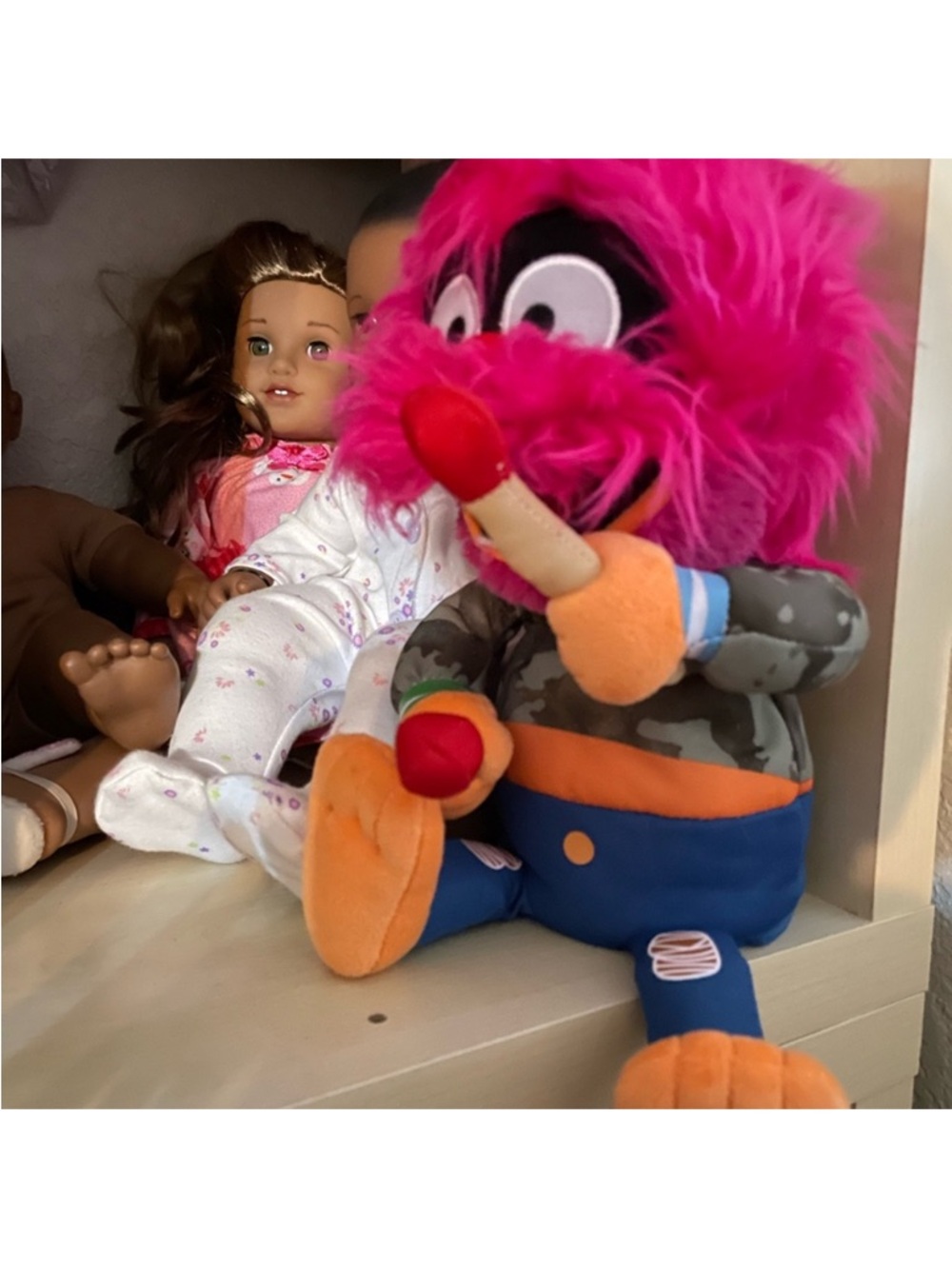 Plush Furry Pink Monster with Orange Accents - Rockin Animal Muppet Baby